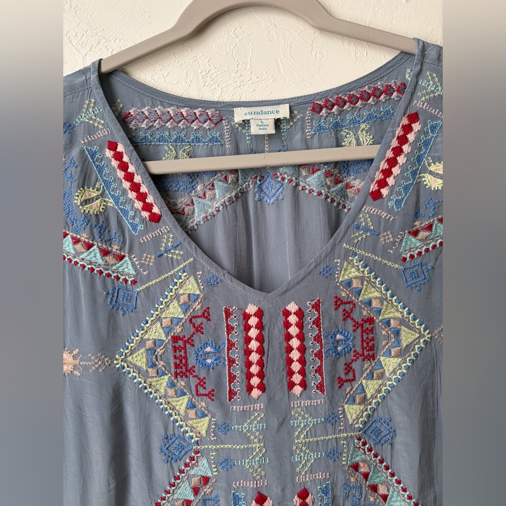 Sundance Blue Boho Embroidered Long Tunic Top Large Asymmetrical Hem - Picture 2 of 7